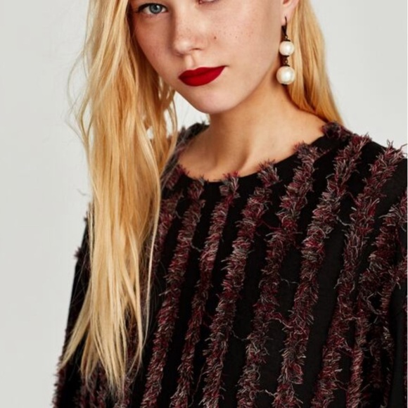NWT! Zara eyelash fringe wine striped black long sleeve tee. Size S - Picture 2 of 7
